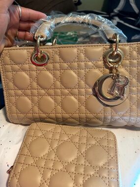 Beige Quilted Leather Handbag with Matching Wallet